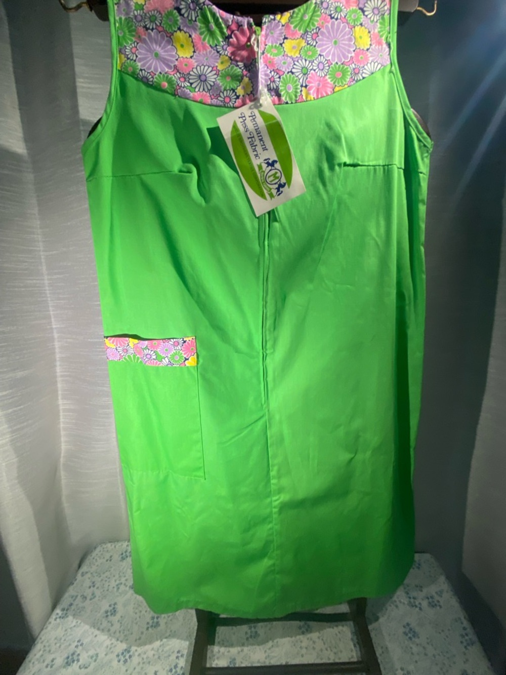Bright Lime Green Shift Dress with Floral Trim